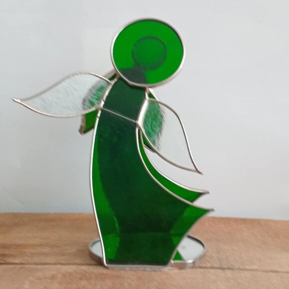 Vintage Stained Glass Green Angel + Harp Figurine, 3D Art, Christmas Nativity De - Picture 5 of 9
